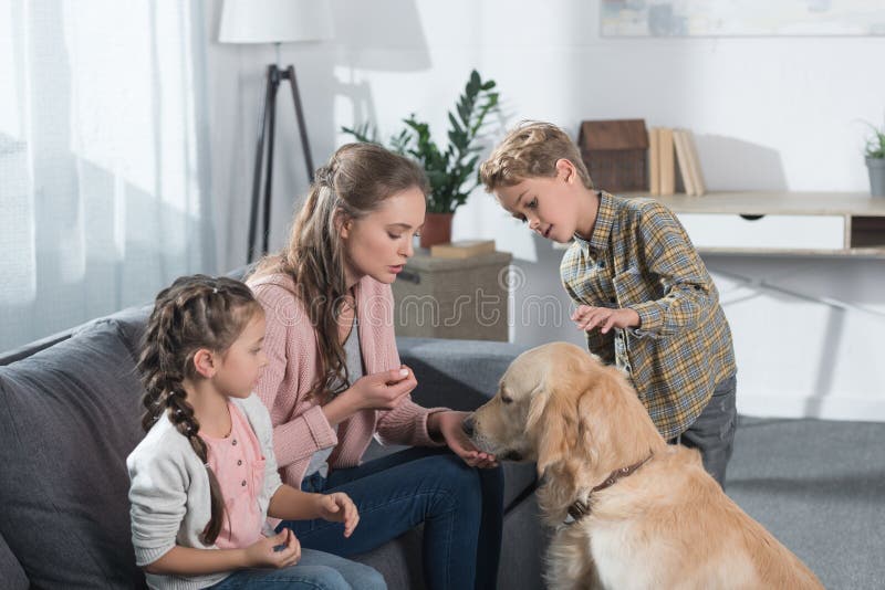 Mother and two kids sitting on couch in living room and playing with their dog