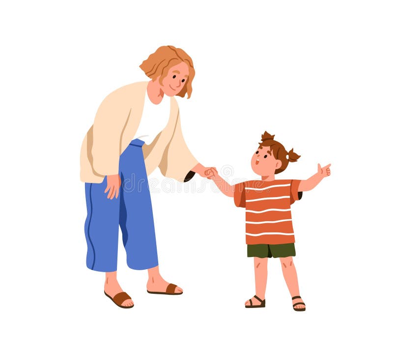 Mother listening to girl kid, telling, pointing with finger, asking for help, complaining. Mom and child daughter, communication concept. Flat graphic vector illustration isolated on white background.