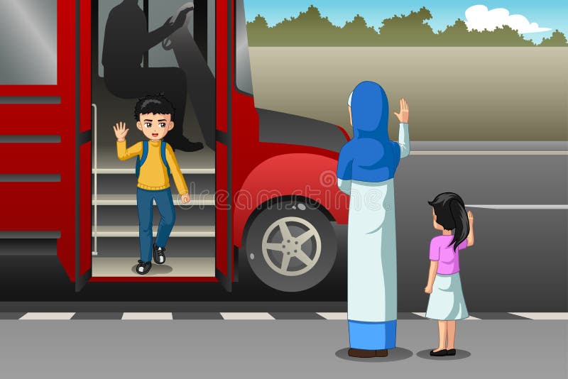 Mother Picking Up Kid From School Bus Illustration stock illustration Mother Picking Up Kid From School Bus Illustration stock illustration
