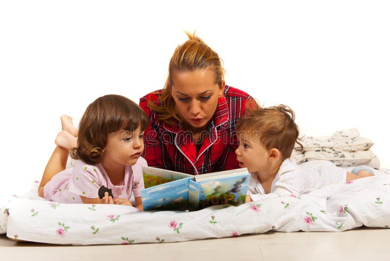 Mother reading story to kids
