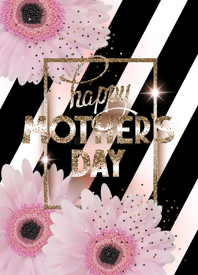 Mother`s day greeting card with beautiful gerberas, golden frame and striped background.