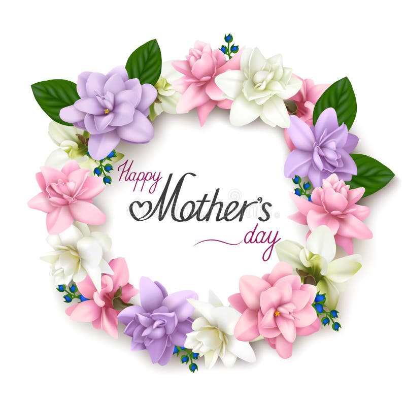 Mother`s day greeting card with realistic flower wreath on white background. Realistic vector floral frame with shadow and greeting text Happy Mother`s day stock illustration Mother`s day greeting card with realistic flower wreath on white background. Realistic vector floral frame with shadow and greeting text Happy Mother`s day stock illustration