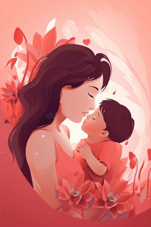 Mother\ s Love: Illustration of a Mother and Child with a Flower in the Background,, generative AI