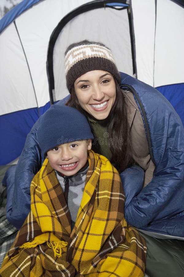 Mother And Son Camping Together Stock Photo - Image of blanket, leisure