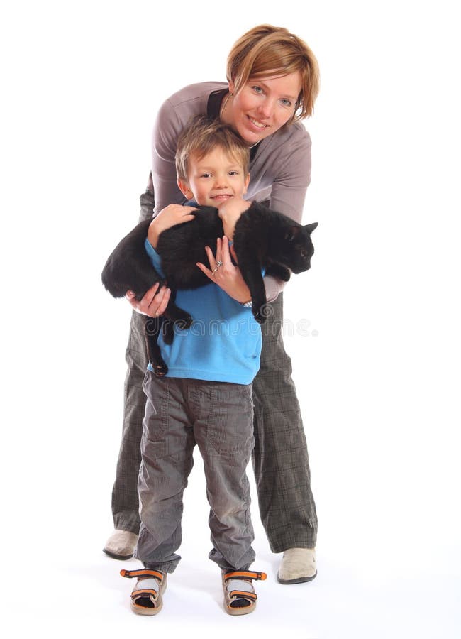 Mother and son with cat