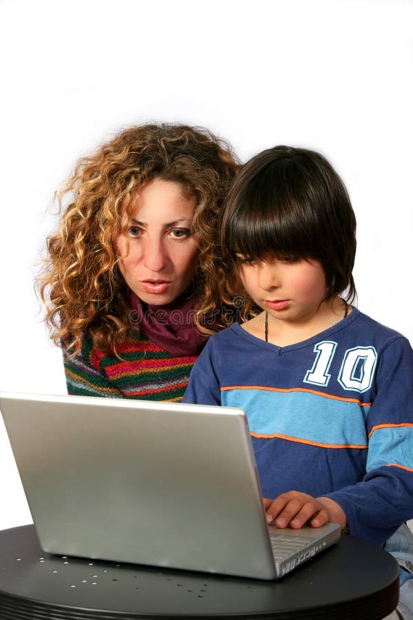 Mother and son at computer