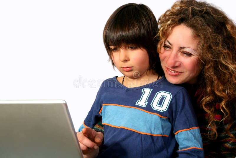 Mother and son at computer