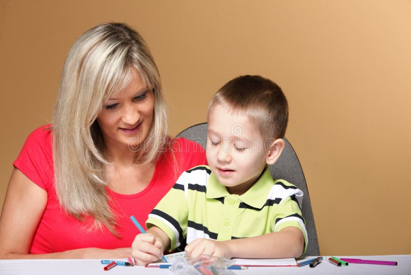 Mother And Son Drawing Together Stock Photo Image Of Education