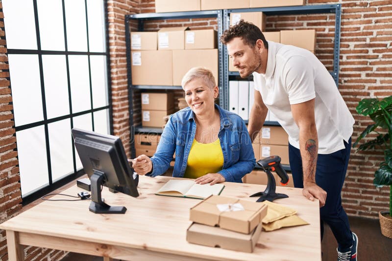 Mother and Son Business Workers Working at Office Stock Image