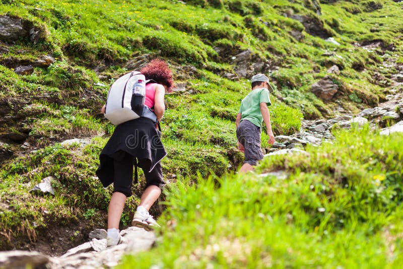 Mother and son hiking royalty free stock photos