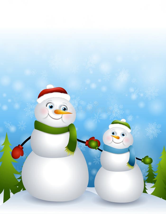 A clip art illustration featuring a mother and son snowman theme - holding hands in the snow and looking at each other with love and caring. A clip art illustration featuring a mother and son snowman theme - holding hands in the snow and looking at each other with love and caring