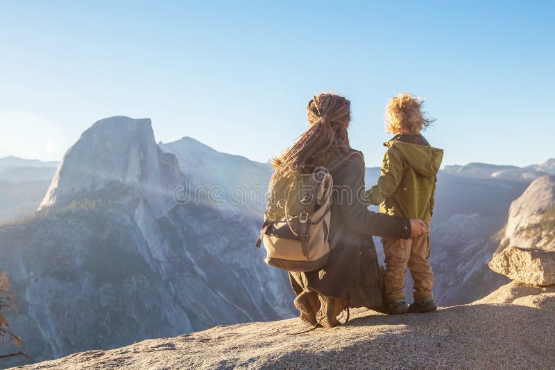 Mother with son visit Yosemite national park in California