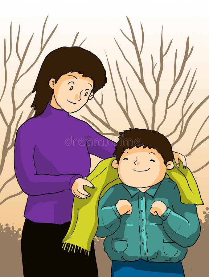 Season change. Mother take care a boy to dress warm enough during fall and winter. Hispanic family cartoon illustrations