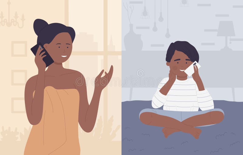 African american black mother talking to girl child on mobile phone vector illustration. Cartoon cute family characters talk by cellphone, happy parents and children background. African american black mother talking to girl child on mobile phone vector illustration. Cartoon cute family characters talk by cellphone, happy parents and children background