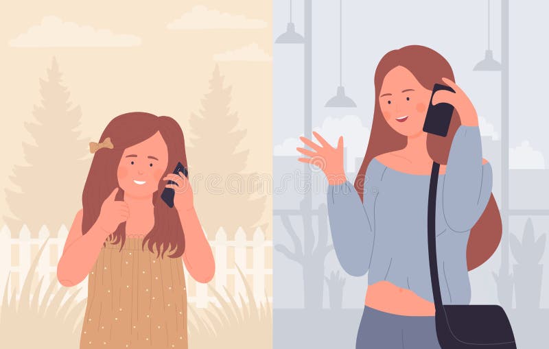 Mother talking to girl child on mobile phone vector illustration. Cartoon cute family characters talk by cellphone, holding smartphone for fun conversation, happy parents and children background. Mother talking to girl child on mobile phone vector illustration. Cartoon cute family characters talk by cellphone, holding smartphone for fun conversation, happy parents and children background