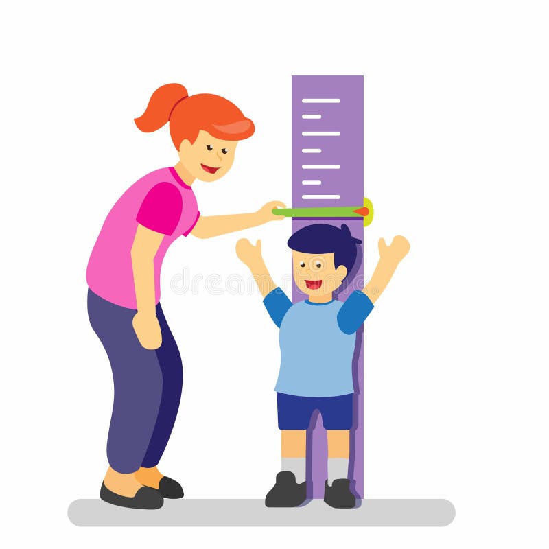 Mother or teacher measuring height of boy kid on the wall arrow. Cartoon flat style character vector illustration