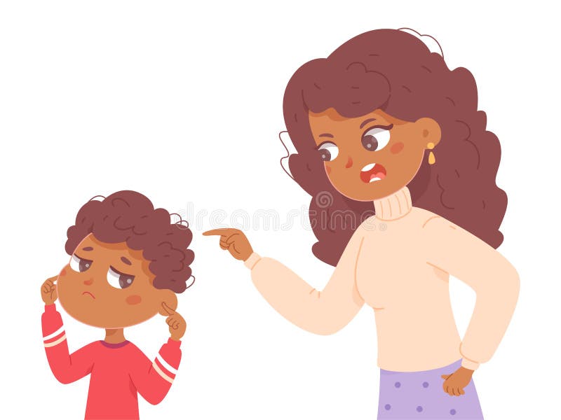 Mother or teacher talking to naughty boy vector illustration. Cartoon sad child ignoring angry woman, kid with tired expression covering ears with hands. Family problem, childhood, discipline concept. Mother or teacher talking to naughty boy vector illustration. Cartoon sad child ignoring angry woman, kid with tired expression covering ears with hands. Family problem, childhood, discipline concept