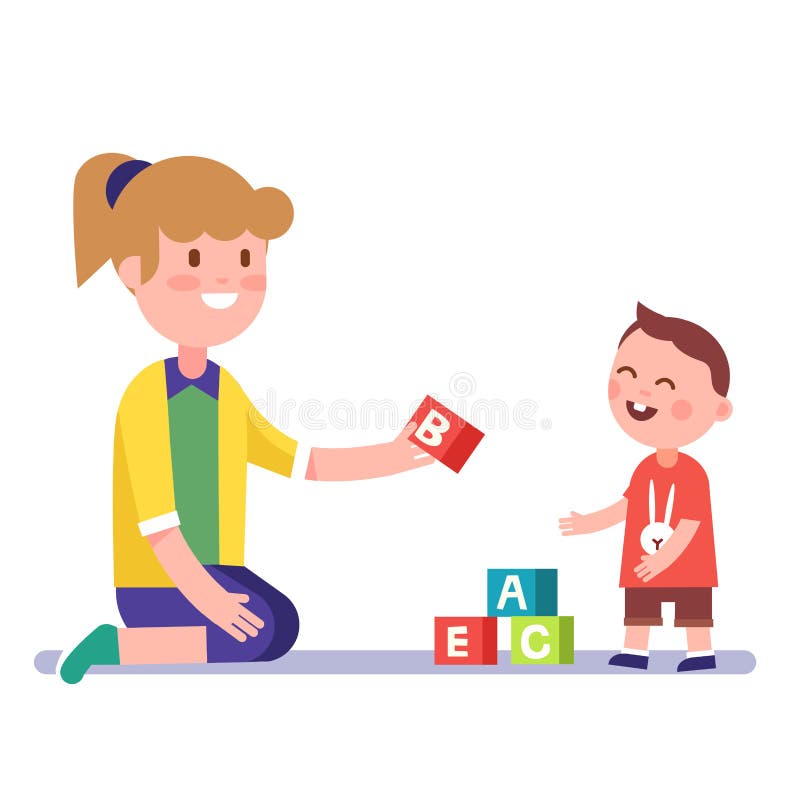 Mother or kindergarten teacher teaching a child alphabet with letter wooden bricks blocks. Modern flat style vector illustration cartoon clipart. Mother or kindergarten teacher teaching a child alphabet with letter wooden bricks blocks. Modern flat style vector illustration cartoon clipart.