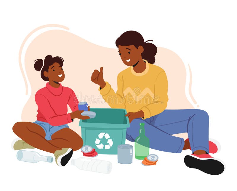 Mother Teaching Daughter Sorting Trash. Kids Separate Garbage into