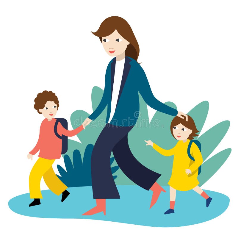 Mother with two children going to school, nursery. Back to school time. Vector Illustration. Coloured image.