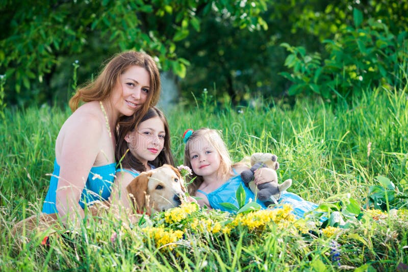 Mom with Two Daughters and Dog Stock Image Image of canine, hispanic