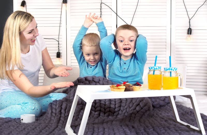 Mother Wakes Up Her Beloved Sons Breakfast In Bed For Children