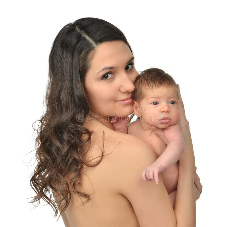 Mother woman holding 3 weeks infant child baby kid girl a