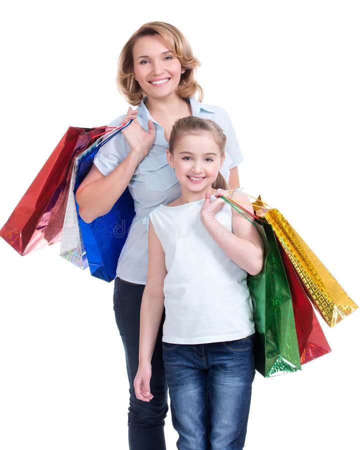 Mother and Young Daughter with Shopping Bags Stock Photo - Image of ...