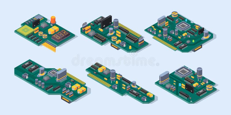 Motherboard isometric. Computer manufacturing small chip microscheme plate semiconductor electronic parts vector set royalty free illustration