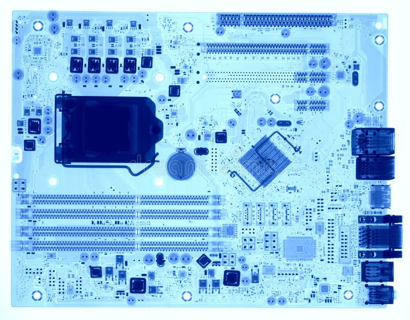 Motherboard under X-rays in blue tones. stock images Motherboard under X-rays in blue tones. stock images