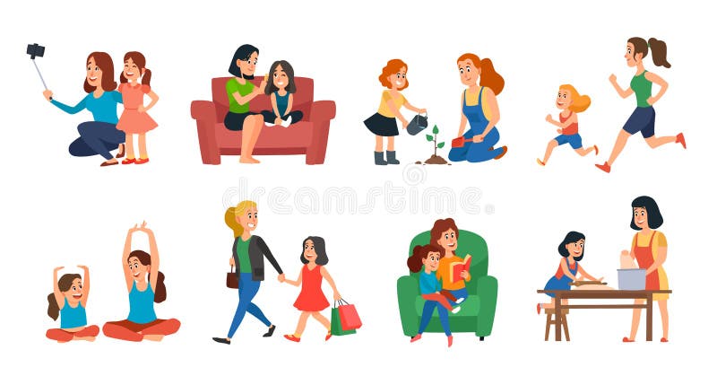 Motherhood concept. Mother and daughter family help, playing or hugging. Mothers day, parent with children talking plant reading and running. Cartoon vector isolated icons illustration set. Motherhood concept. Mother and daughter family help, playing or hugging. Mothers day, parent with children talking plant reading and running. Cartoon vector isolated icons illustration set