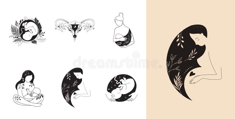 Motherhood, maternity, babies and pregnant women logos, collection of fine, hand drawn style vector illustrations and