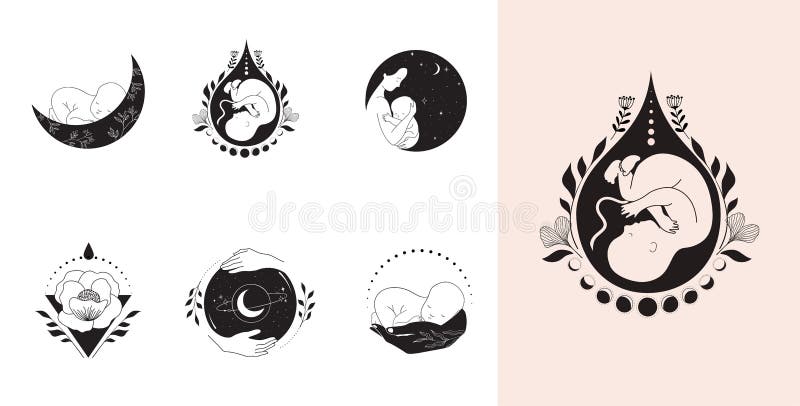 Motherhood, maternity, babies and pregnant women logos, collection of fine, hand drawn style vector illustrations and