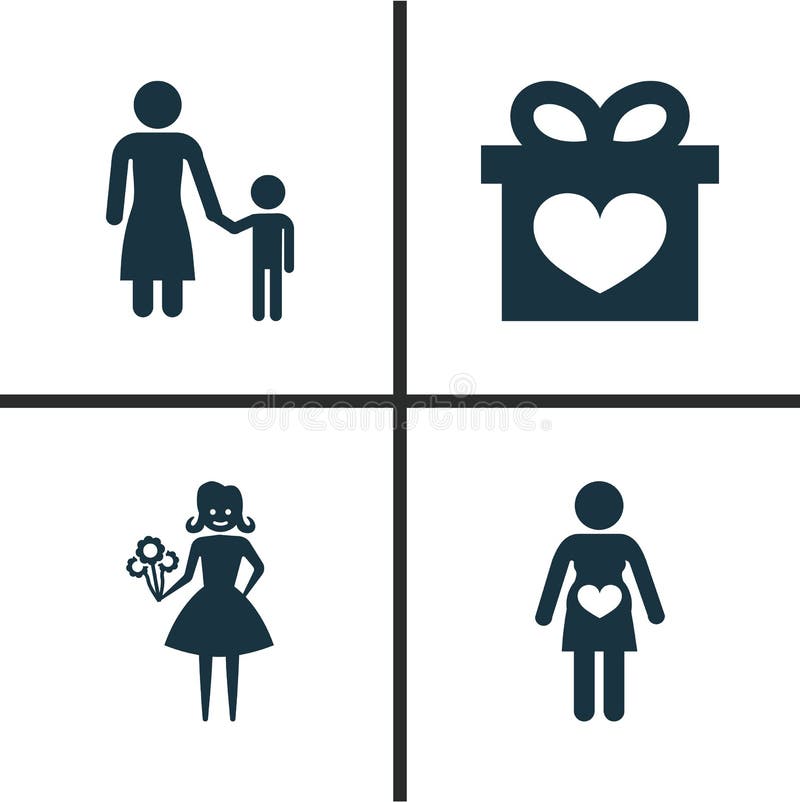 Mothers Day Icon Design Concept. Set Of 4 Such Elements As Woman, Madame And Pregnancy. Beautiful Symbols For Woman