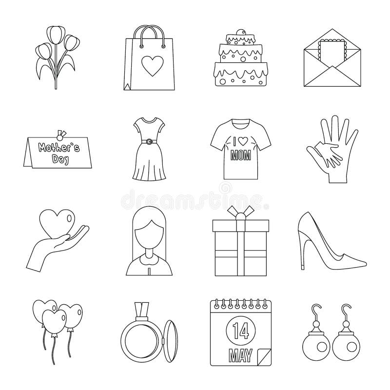 Mothers day icons set, outline style