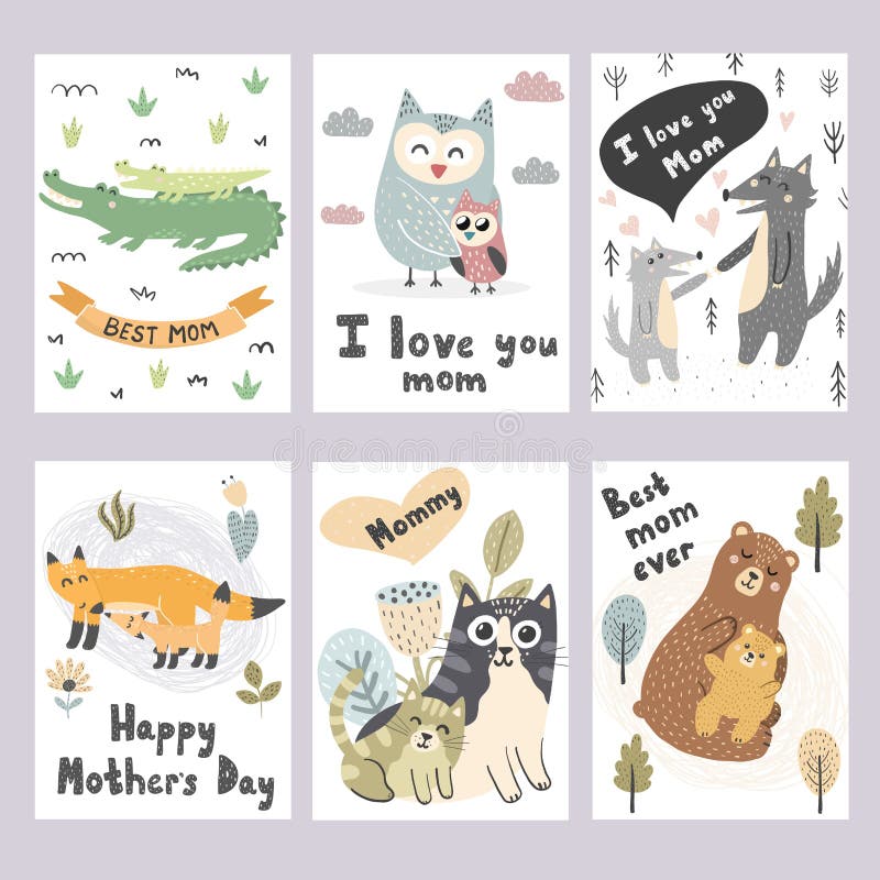 Mother’s dnia kartki z pozdrowieniami inkasowe Śliczni zwierzę druki ilustracja wektor Mother’s dnia kartki z pozdrowieniami inkasowe Śliczni zwierzę druki ilustracja wektor
