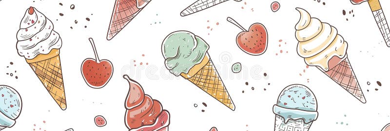 Pattern with ice cream cones with fruit decorations on white background banner. Panoramic web header. Wide screen wallpaper. AI generated. Pattern with ice cream cones with fruit decorations on white background banner. Panoramic web header. Wide screen wallpaper. AI generated