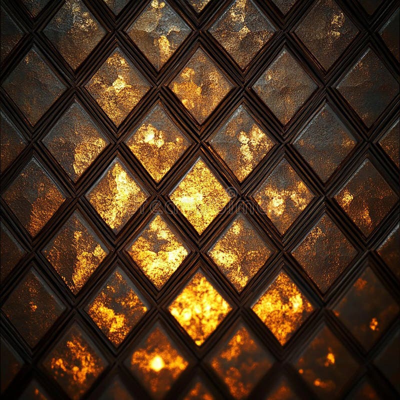 Motif en verre complexe avec lumière dorée chaude. Une image captivante qui présente un panneau de verre à motifs avec des formes diamant permettant à la lumière dorée chaude de filtrer à travers la création d'un effet visuel étonnant