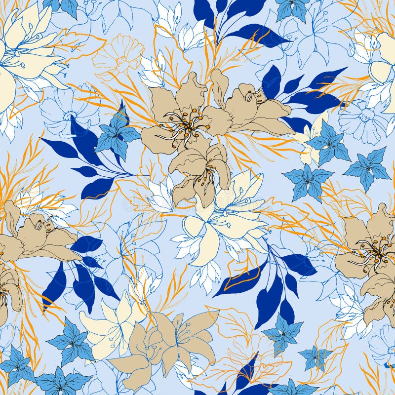 Motif floral incolore. Grandes fleurs sur fond bleu. Ornement brillant pour tissu. Texture vectorielle sans fin illustration stock