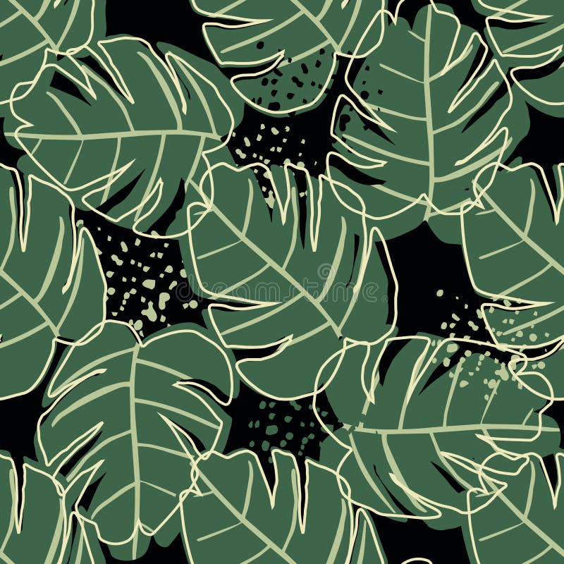 Motif sans couture avec des feuilles de monstera sur fond noir. plante philodendron illustration libre de droits