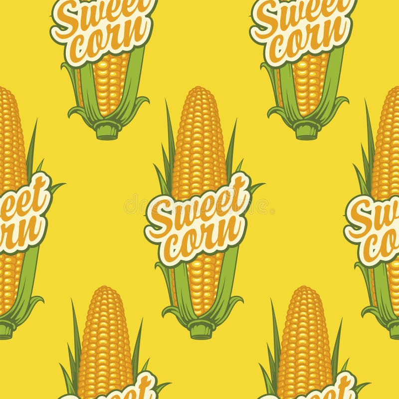 Vector seamless pattern with ripe corn cobs and inscriptions on a yellow backdrop. Suitable for healthy menus, kitchen textiles, food blog background, branded wrapping paper and packaging. Vector seamless pattern with ripe corn cobs and inscriptions on a yellow backdrop. Suitable for healthy menus, kitchen textiles, food blog background, branded wrapping paper and packaging