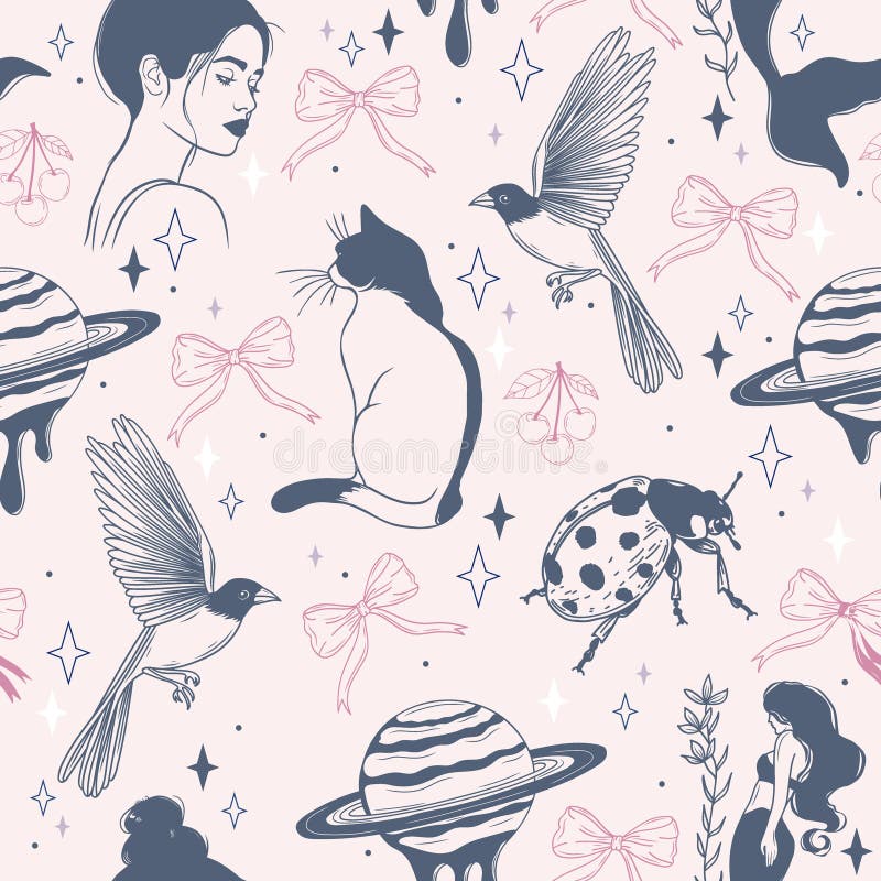 Motif transparent rose pastel avec femmes chats coccinelles planètes et arcs de coccinelle. arrière-plan vectoriel à main illustration libre de droits