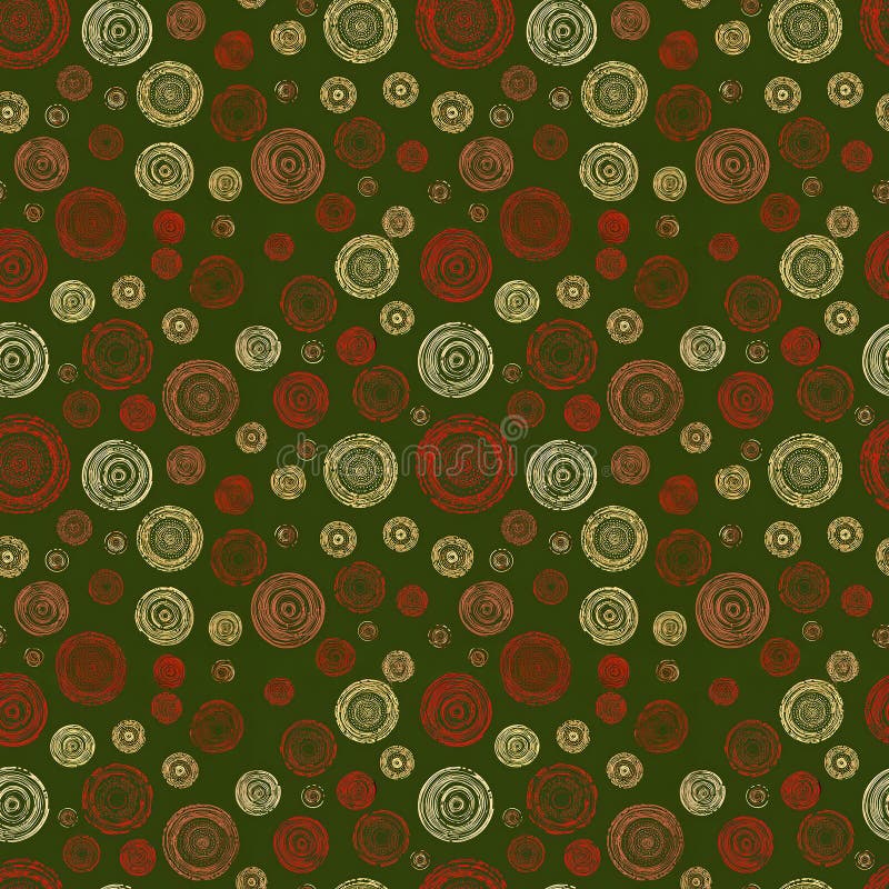 Motifs circulaires complexes dans les tons terre sur fond vert foncé. Des motifs circulaires colorés créent un motif dynamique sur fond sombre.