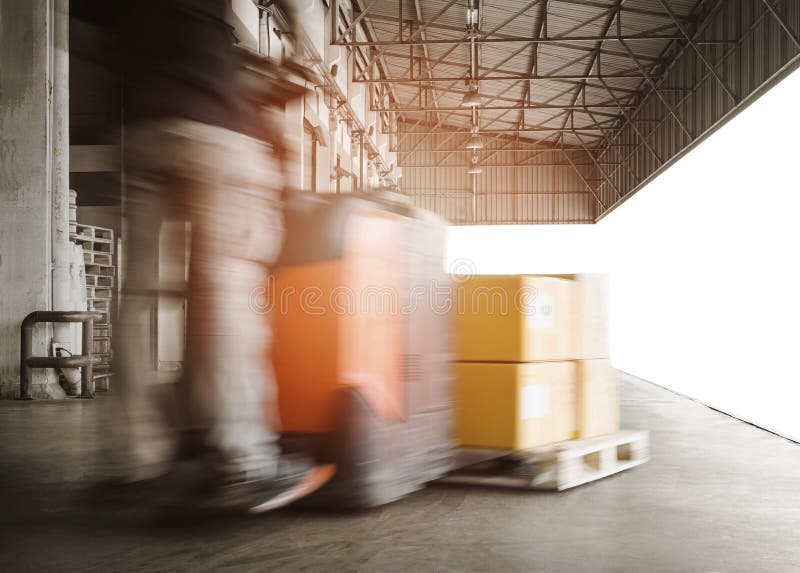 Forklift Driver Loading Package Boxes into Cargo Container. Cargo