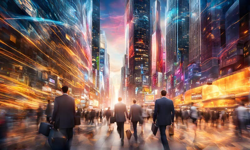 Motion-blurred cityscape with dynamic financial elements stock illustration