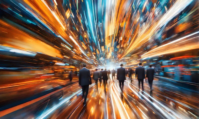 Motion-blurred cityscape with dynamic financial elements vector illustration