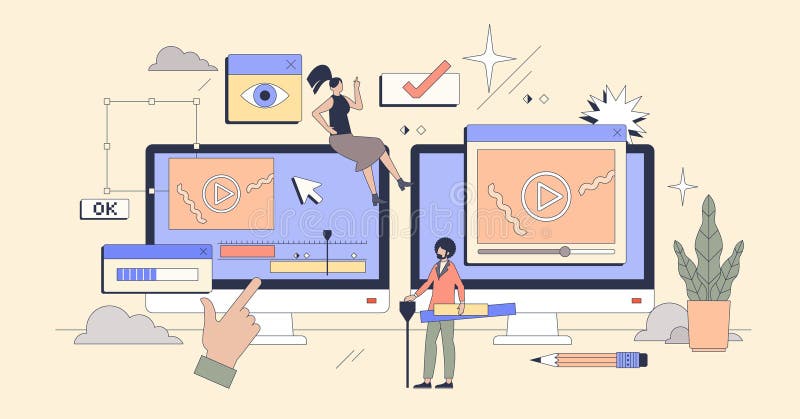 Motion graphics design and filmmaking job tiny person neubrutalism concept vector illustration