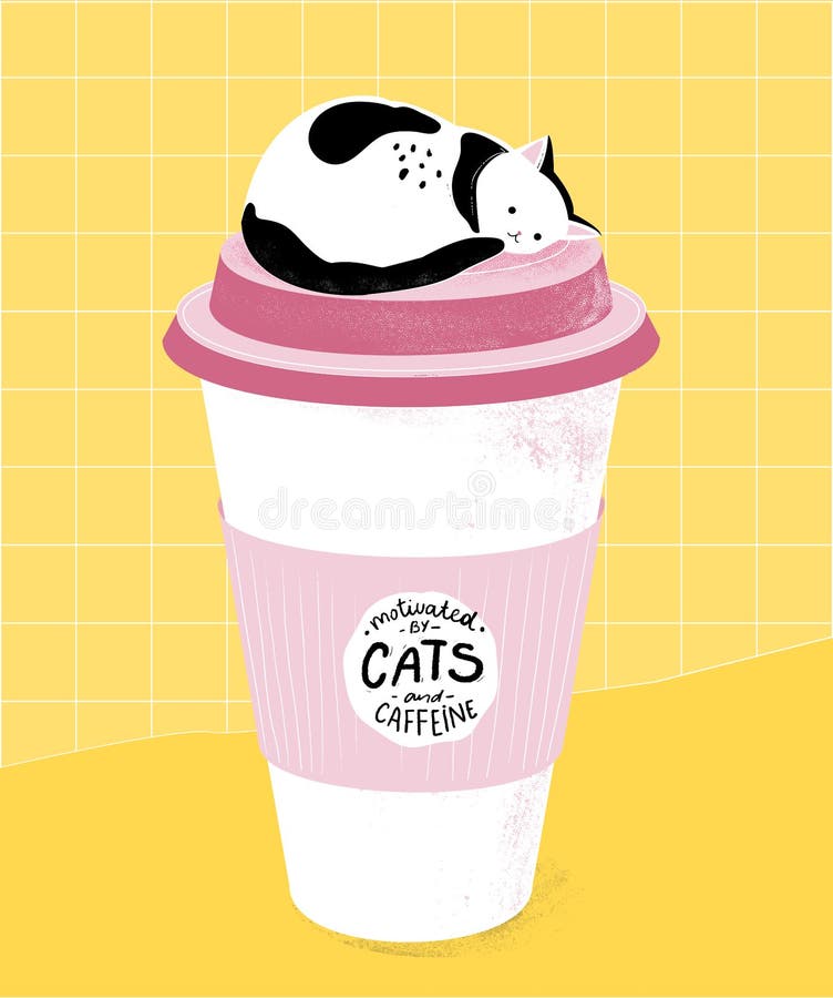 Motivated by cats and caffein. Funny quote for office posters, t-shirts and prints. Sleeping cat on top of tall paper