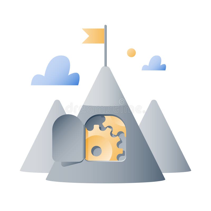 Motivatie op lange termijn, berg met tandraderen, de groeidenkrichting, bedrijfsuitdagingsconcept, volgende niveau, bereikdoel, h stock illustratie Motivatie op lange termijn, berg met tandraderen, de groeidenkrichting, bedrijfsuitdagingsconcept, volgende niveau, bereikdoel, h stock illustratie