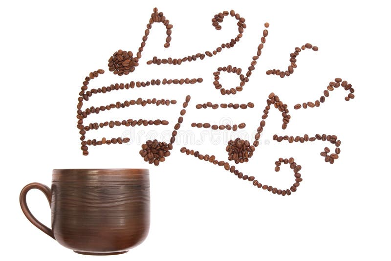 Composition with cup and coffee beans forming musical notes. Composition with cup and coffee beans forming musical notes